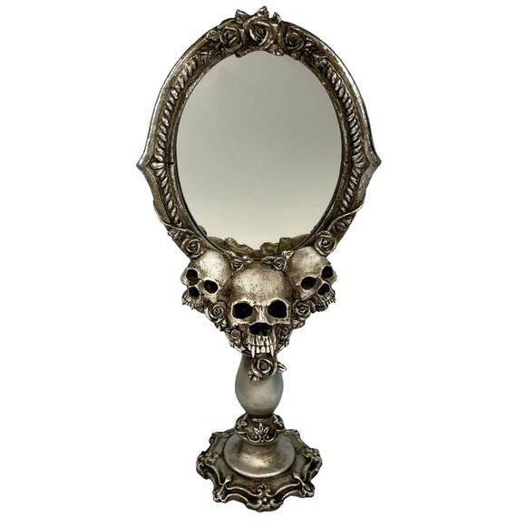 Gothic Skull Roses Floral Standing Mirror Silver Tone Vanity Table Top Decor - Picture 1 of 10